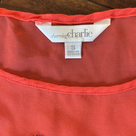 Charming Charlie | sheer Coral Top with Black Lace - Picture 3 of 9